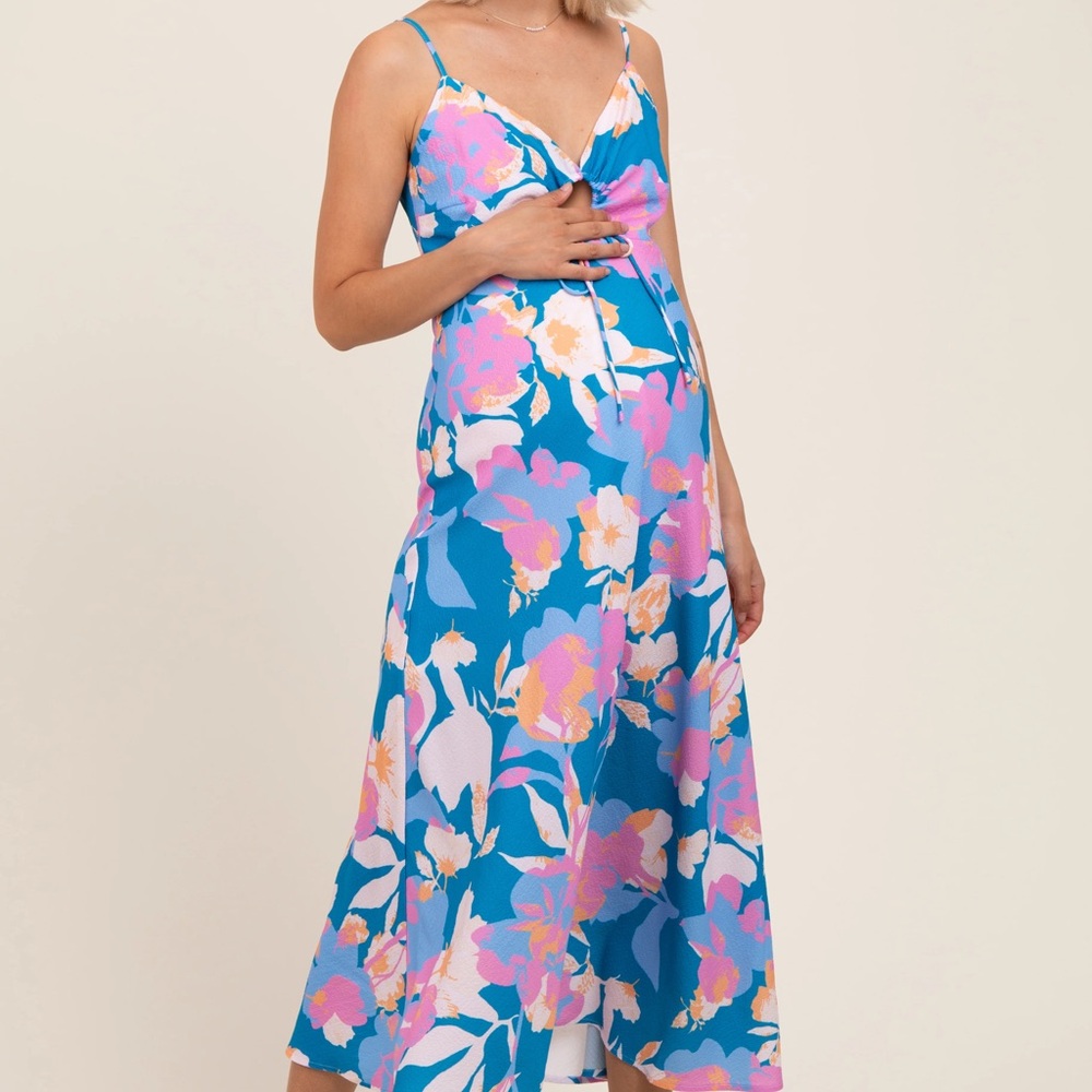 Blue Floral O-Ring Maternity Midi Dress